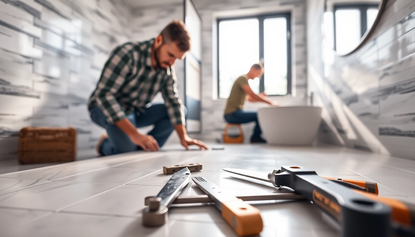Bathroom remodel contractors expertly tiling a modern bathroom, showcasing craftsmanship.