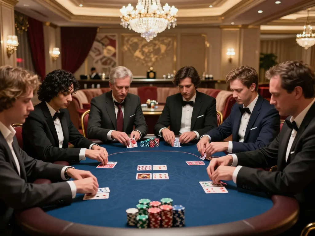 Players strategically engaging in a high-stakes game at TG88 poker table in an upscale casino.