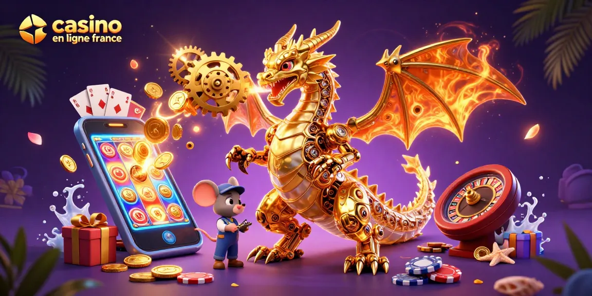 Jouer au casino en ligne France avec un dragon biomécanique et des jeux colorés autour.