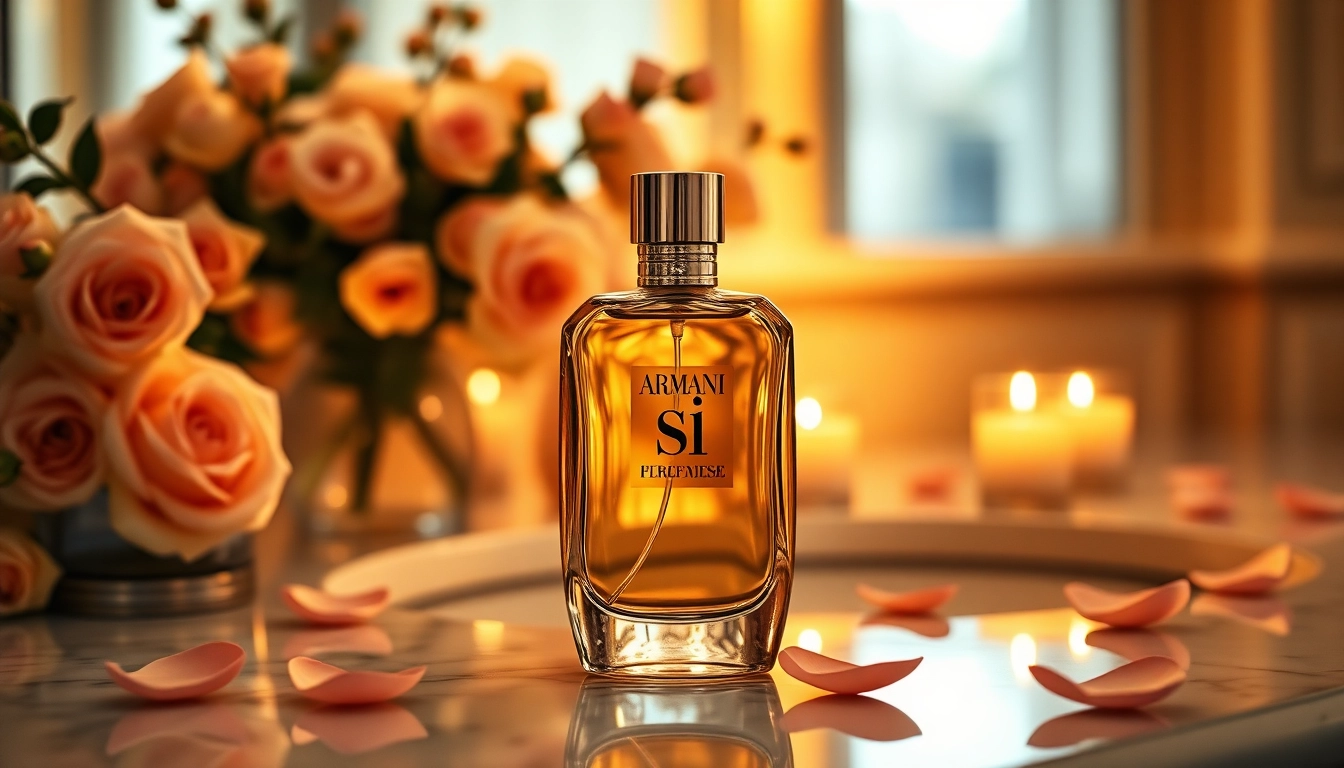 Captivating display of Armani si perfume surrounded by candlelight and rose petals.