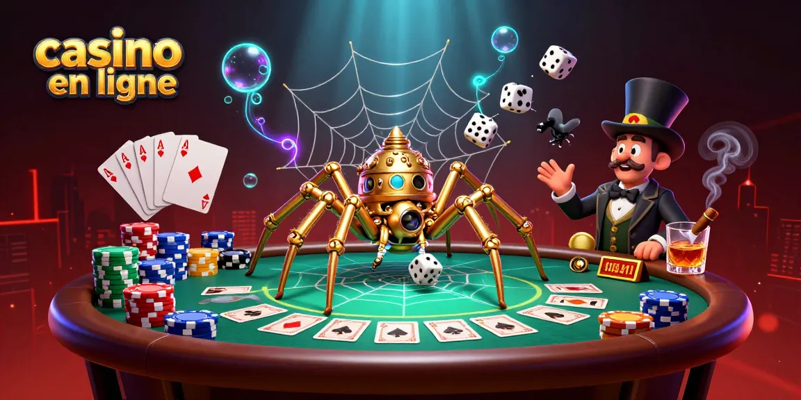 Casino en ligne avec une araignée steampunk, une table de poker colorée, et un décor fascinant.