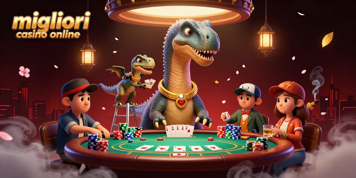 Gioca ai migliori casino online con un brontosauro 3D che osserva il tavolo da poker