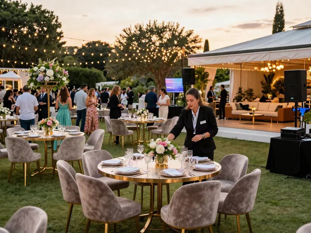 Event furniture rental showcased at a vibrant outdoor event, featuring elegant tables and plush seating in a festive atmosphere.