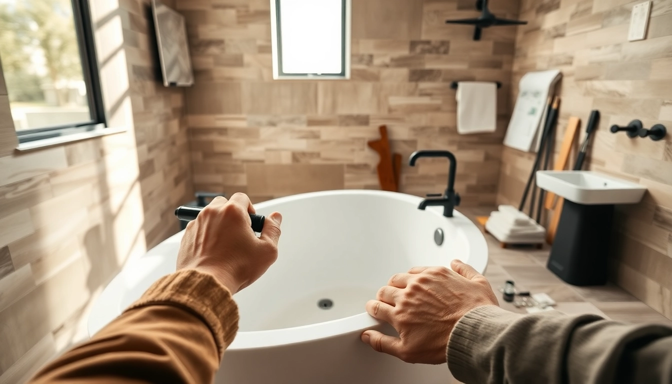 Expert bathroom contractors near me collaboratively enhance a modern bathroom design with elegant fixtures.