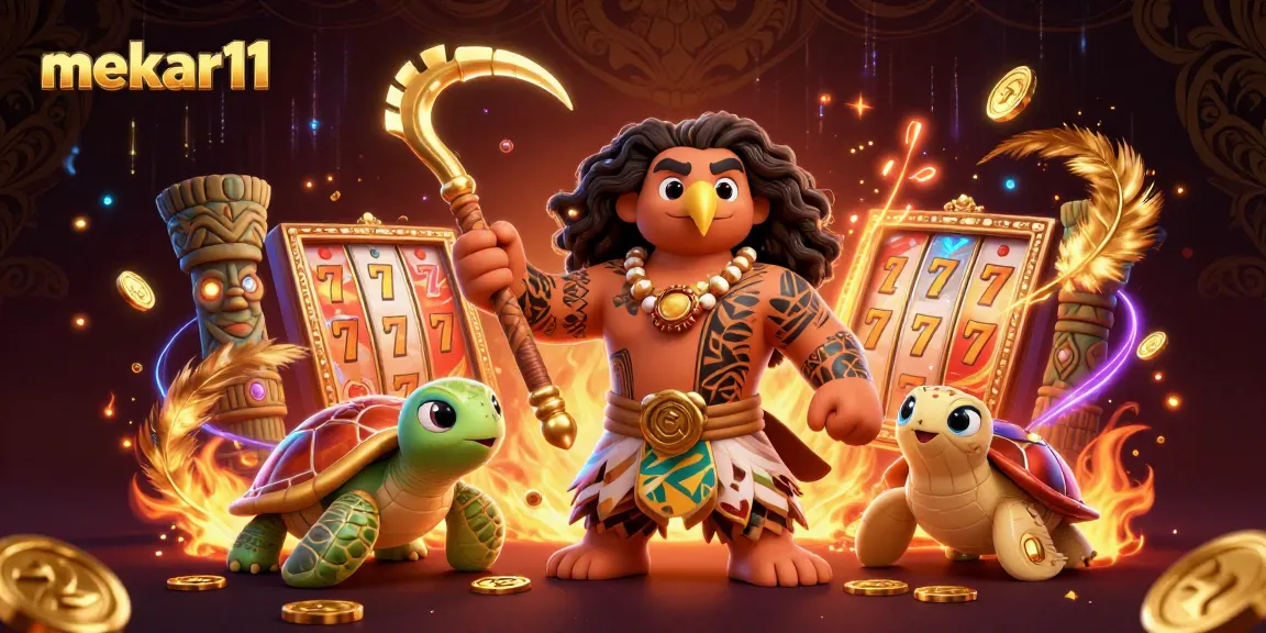 Mekar11 offers thrilling casino action with a vibrant Maui demigod alongside swirling slots and gold coins.