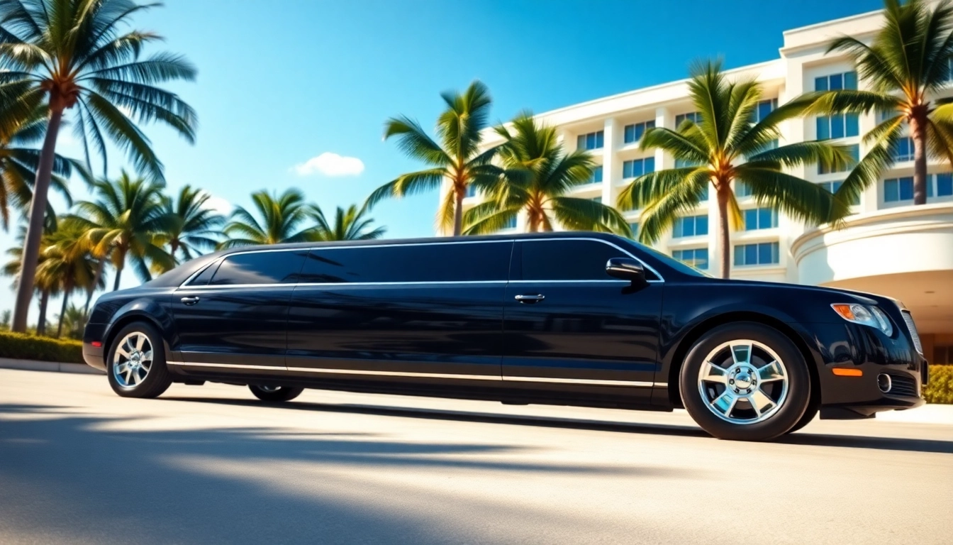 Experience premier limousine service Miami FL with a stunning limo outside a luxury hotel.