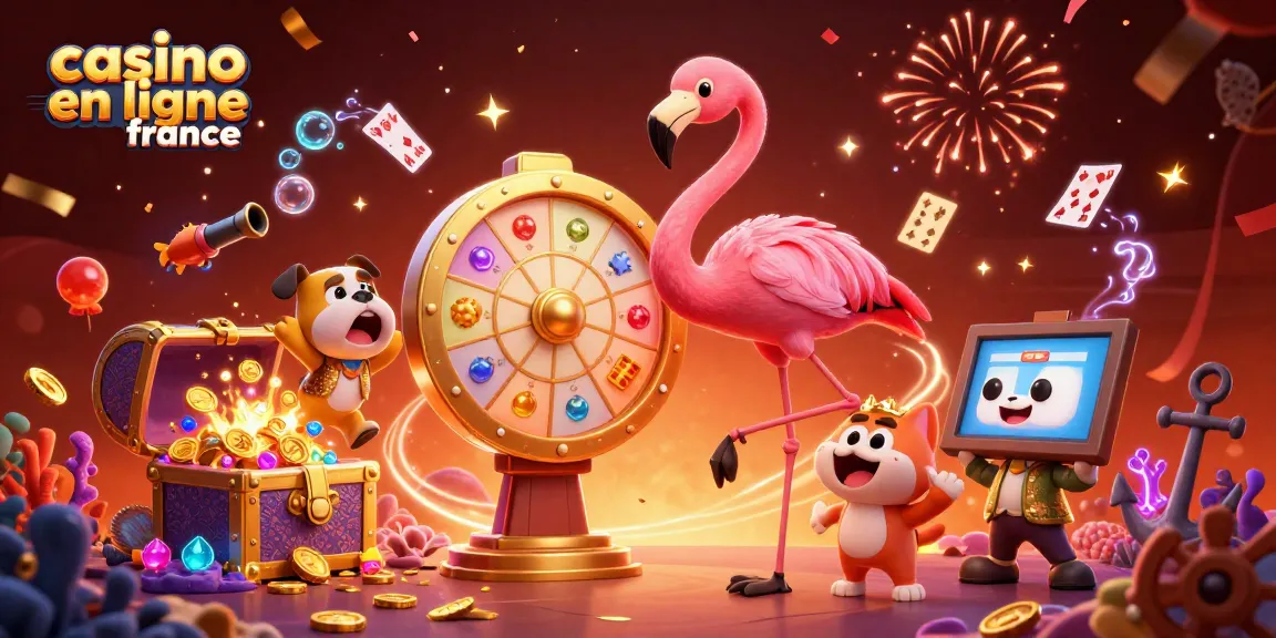 Illustration 3D d'un casino en ligne France avec un flamant rose et un bouledogue.