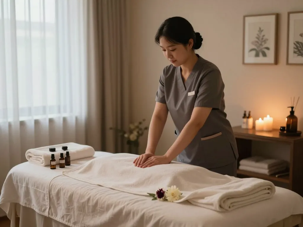 Relaxing 치평동마사지 spa scene with a therapist preparing soothing treatments in a tranquil environment.
