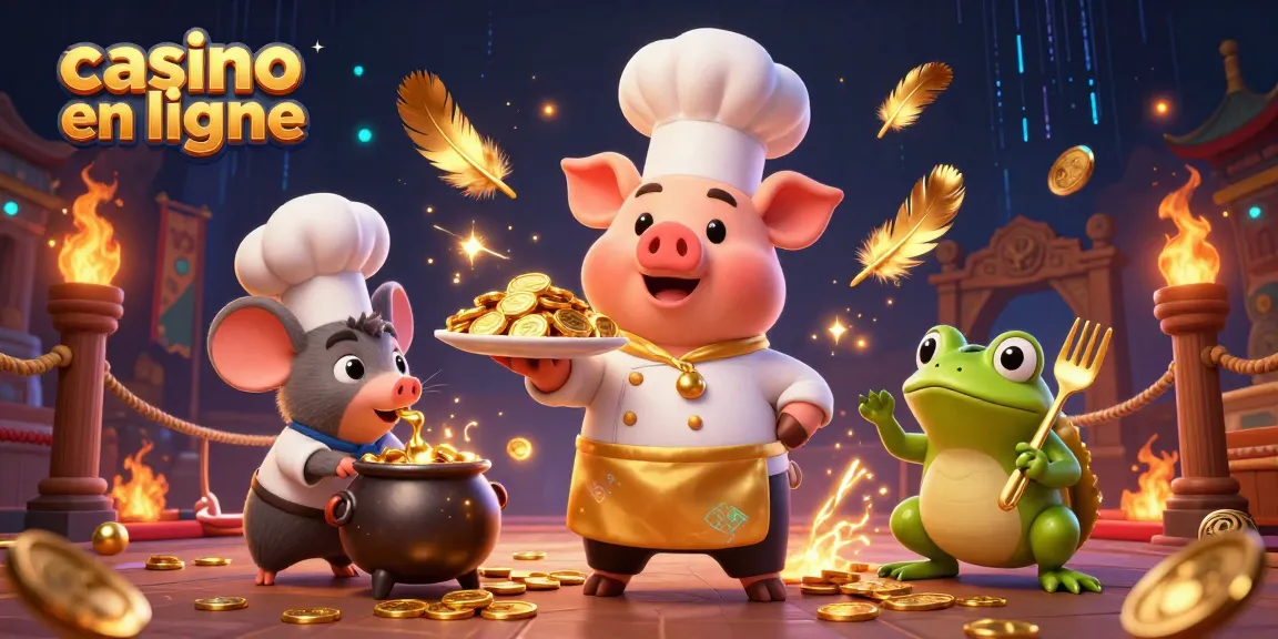 Image illustrative d'un chef cochon et un critique gastronomique sur un casino en ligne, jouant avec des pièces d'or.