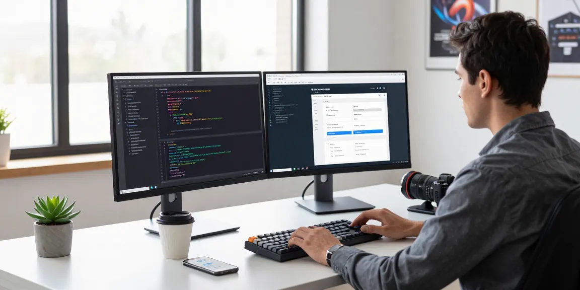 纸飞机下载 in a modern tech workspace with a developer coding efficiently at dual monitors in vibrant light.