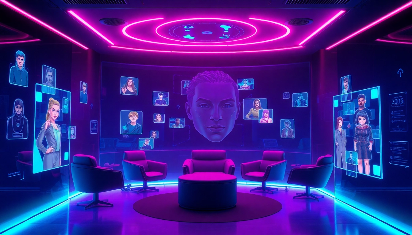 Engaging scene of nsfw ai chat in a modern virtual chat room with holographic characters.