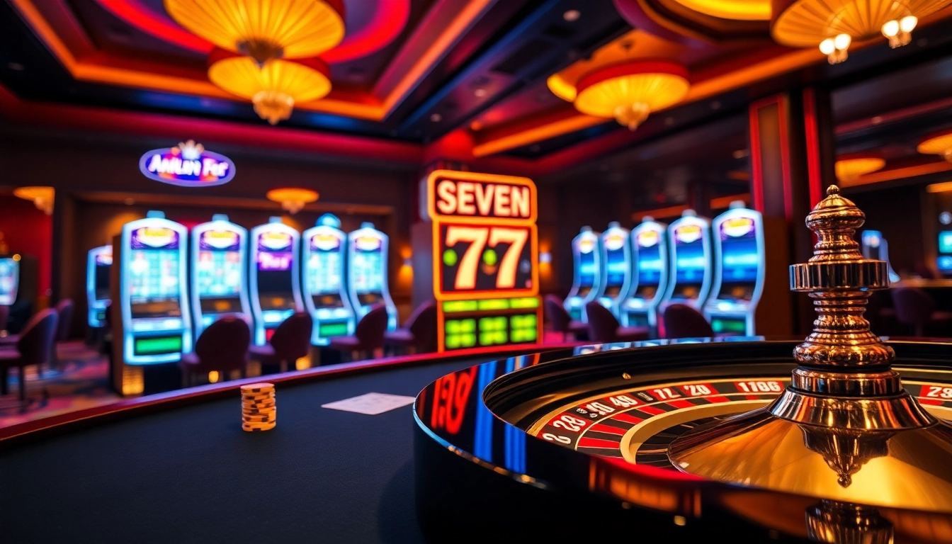 Betting on seven 77 with poker chips and roulette in an upscale casino environment.