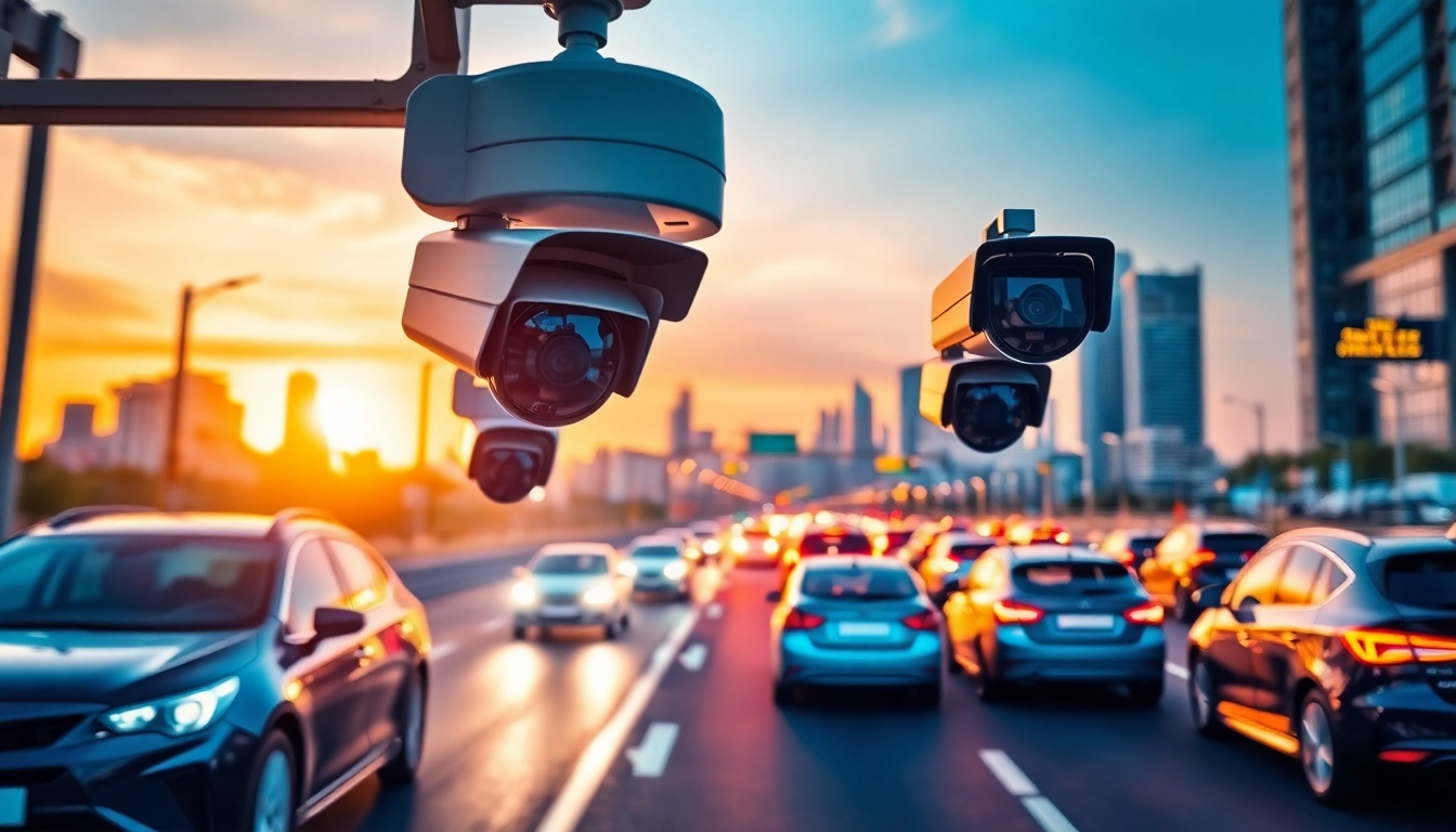 Showcasing an automatic license plate recognition system capturing vehicles in an urban setting.