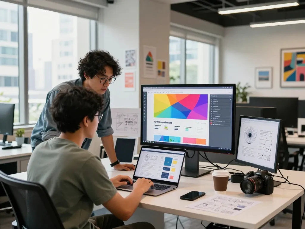 Freelance web design freelancer Kuala Lumpur collaborating with client in modern workspace
