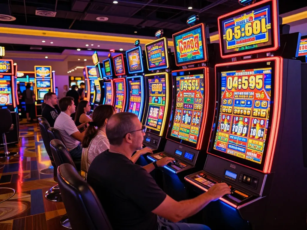 Players enjoying dynamic slot machine games at a casino featuring winstrike69 gaming options