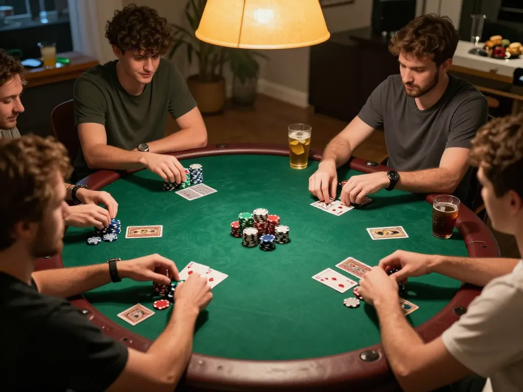 Keonhacai players strategizing during a fun home poker night with friends.