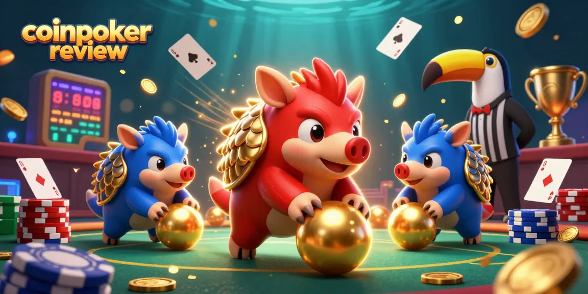 Revue de CoinPoker : des pangolins rivalisent sur un plateau de poker dynamique et animé avec des éléments scintillants.