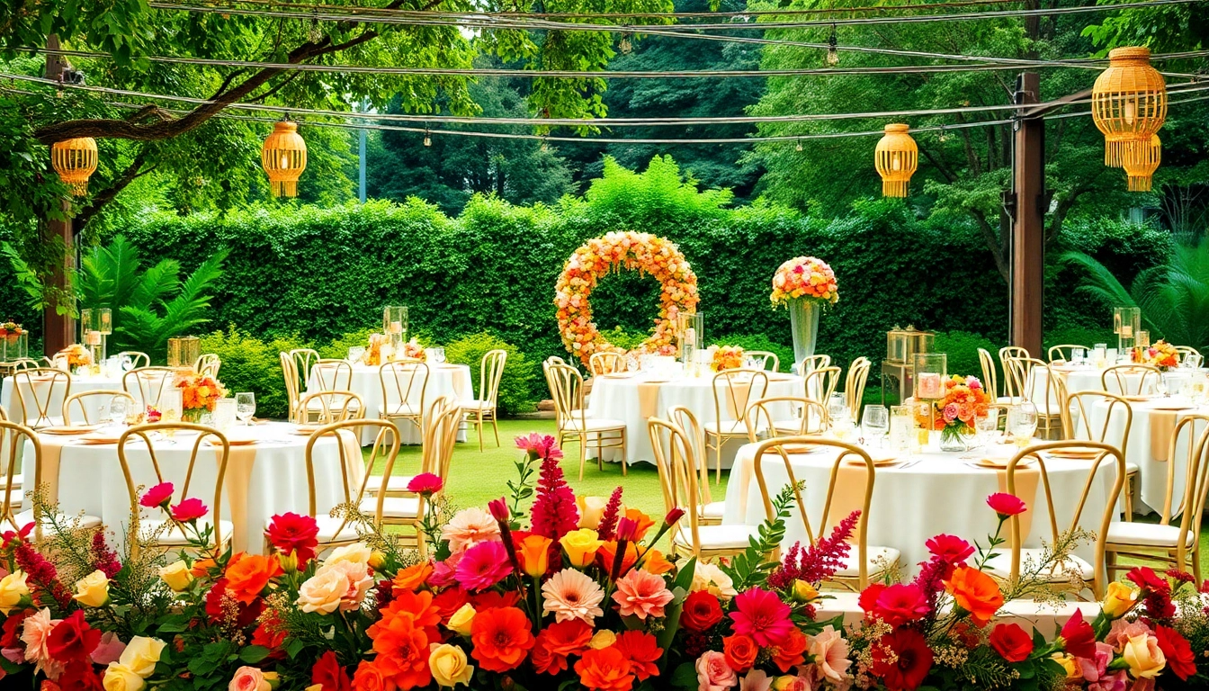 Elegant outdoor Event Rentals setup with floral arrangements and soft lighting.