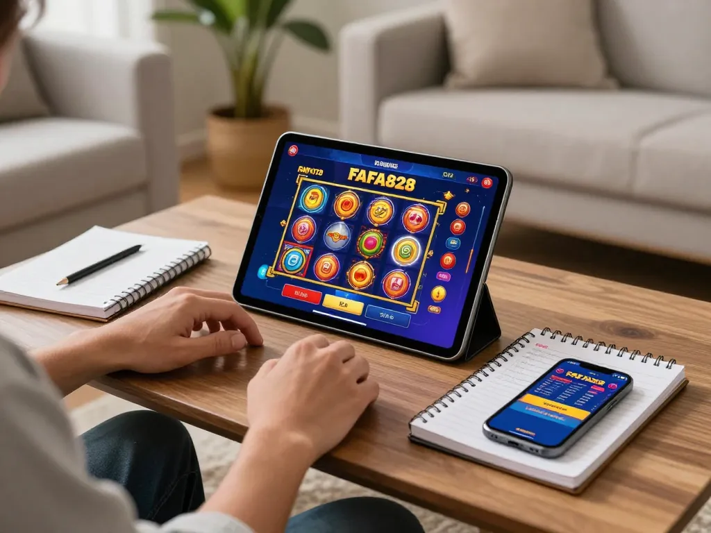 Experience the thrill of FAFA828's online casino as a player engages with vibrant slot games on a tablet.