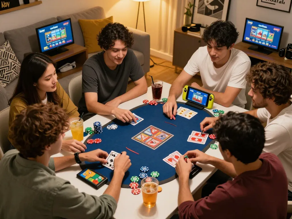 Friends strategizing gameplay on the iwin apk during a lively poker night.