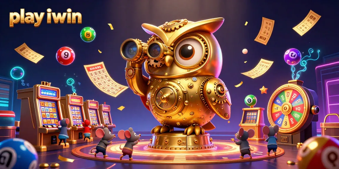 Play iwin and score big with vibrant lottery balls bouncing around a bustling casino scene.
