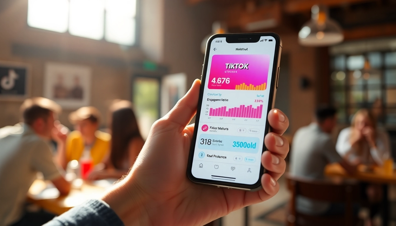 tiktok いいね 買うためにスマホを見つめる人の手と活気ある環境。