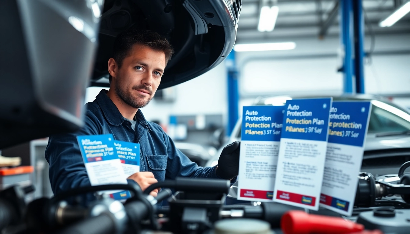 Showcasing an auto protection plan brochure while a technician inspects a vehicle in a clean workshop.