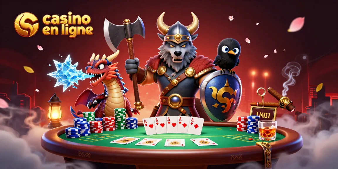 Illustration dynamique de casino en ligne avec un loup viking guerrier, dragon et éléments de poker.
