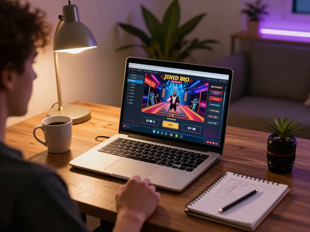 Engaged player navigating vipwin online casino interface during gaming session at home