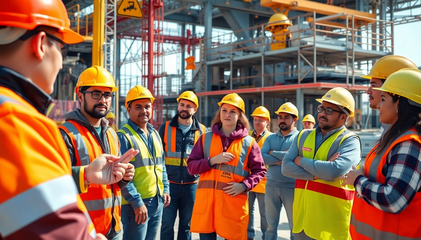 Construction site safety training session with workers learning about safety protocols and equipment.