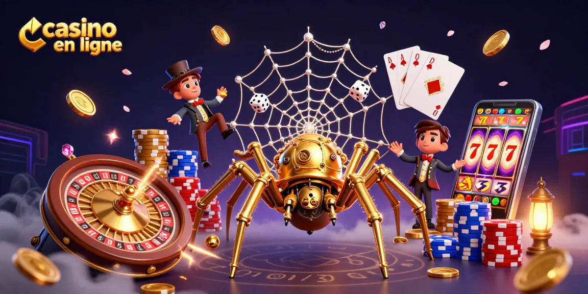 Découvrez le casino en ligne avec cette illustration captivante d'une araignée dorée et des jeux de casino.