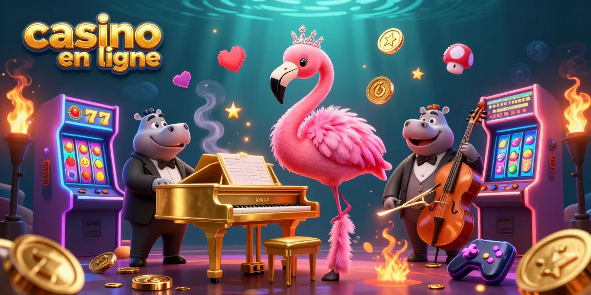 Jouer à casino en ligne avec un flamant rose chanteur et un hippopotame bassiste, entourés de machines à sous.