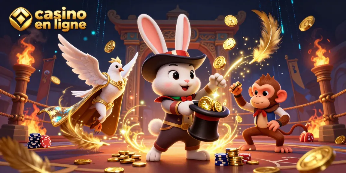 Illustration dynamique de casino en ligne avec un lapin magicien, une colombe et un singe chapardeur