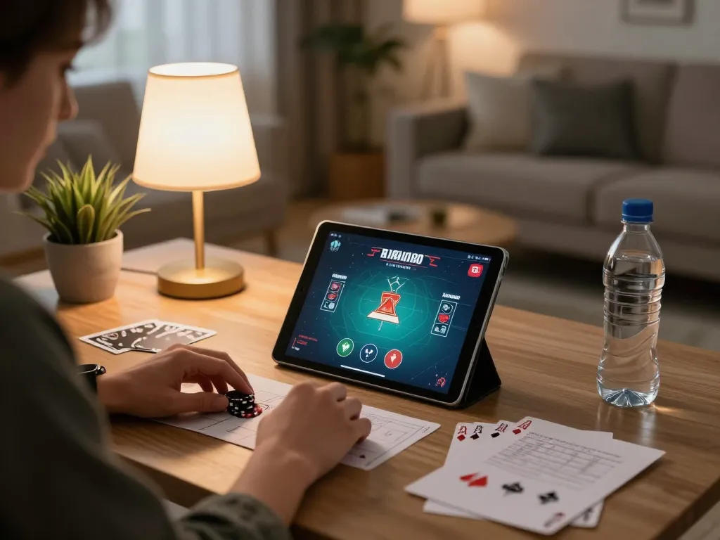 Player engaging on TG88 app for poker, demonstrating strategic gameplay in a cozy home environment.