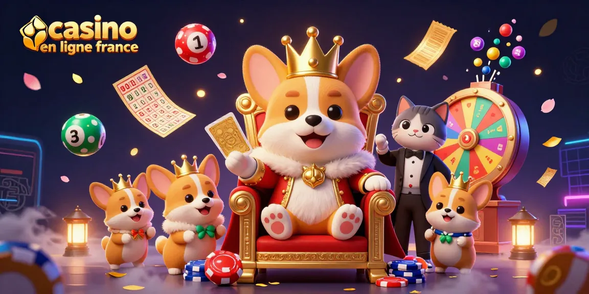 Visualisez le royaume des casinos en ligne en France avec un corgi royal, des jeux de loterie et des décorations scintillantes.