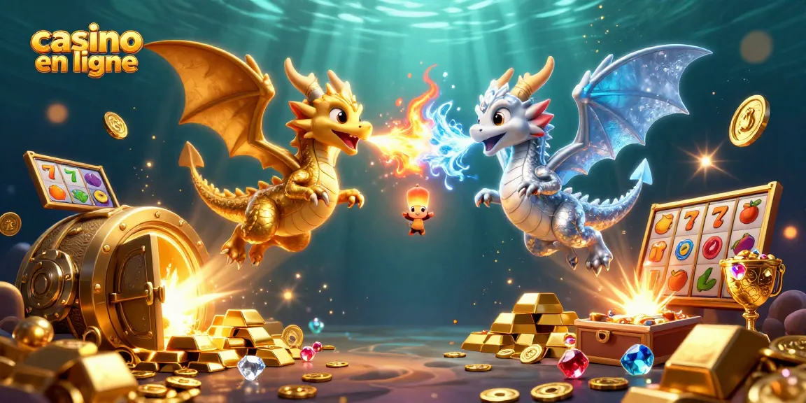 Plongez dans l'univers du casino en ligne avec ces dragons affrontant des croupiers de machines à sous scintillantes.
