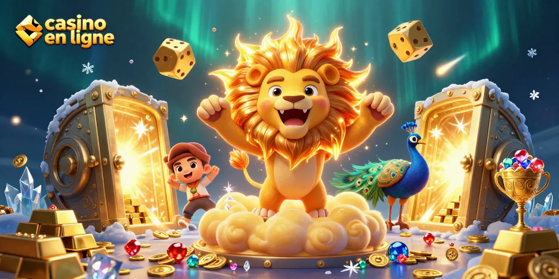 Le lion solaire en ligne rugissant dans un univers de casino en ligne, entouré de richesses et de lumières scintillantes.