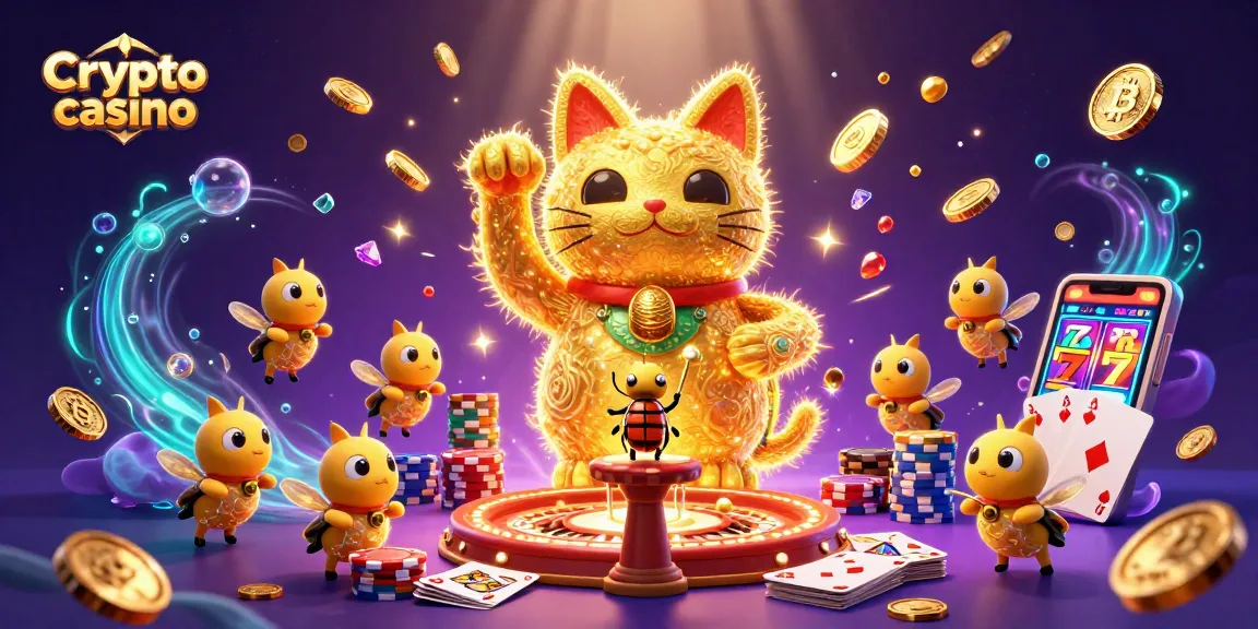 Une illustration d'un casino crypto avec un chat chanceux et des lumières dorées.