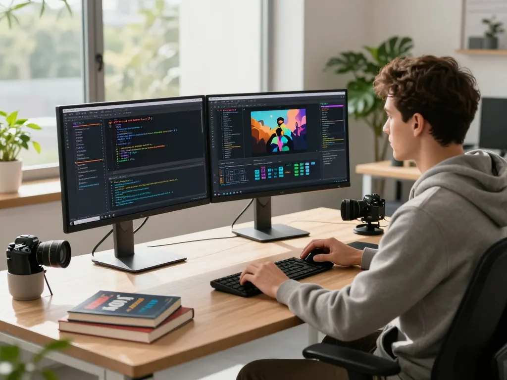 Professional workspace with a developer using video to prompt ai software, dual monitors displaying code and video prompts, bright office environment.