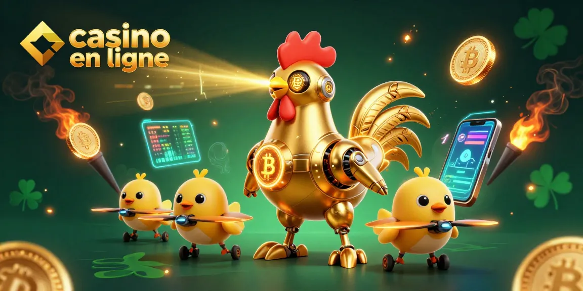 Engagez-vous dans un casino en ligne avec un robot coq doré et des drones, entourés de crypto-monnaies.