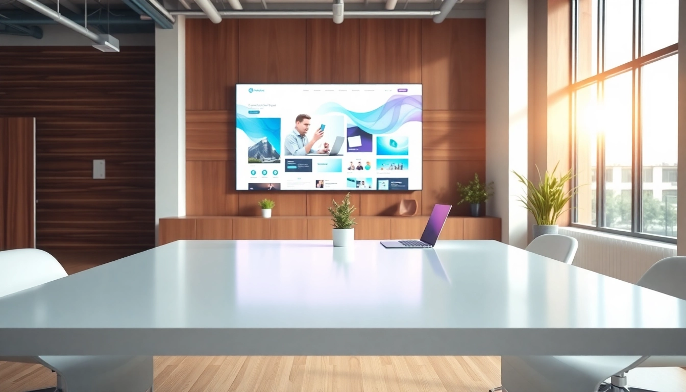 Showcasing creative workspace of a web design company with vibrant digital display.