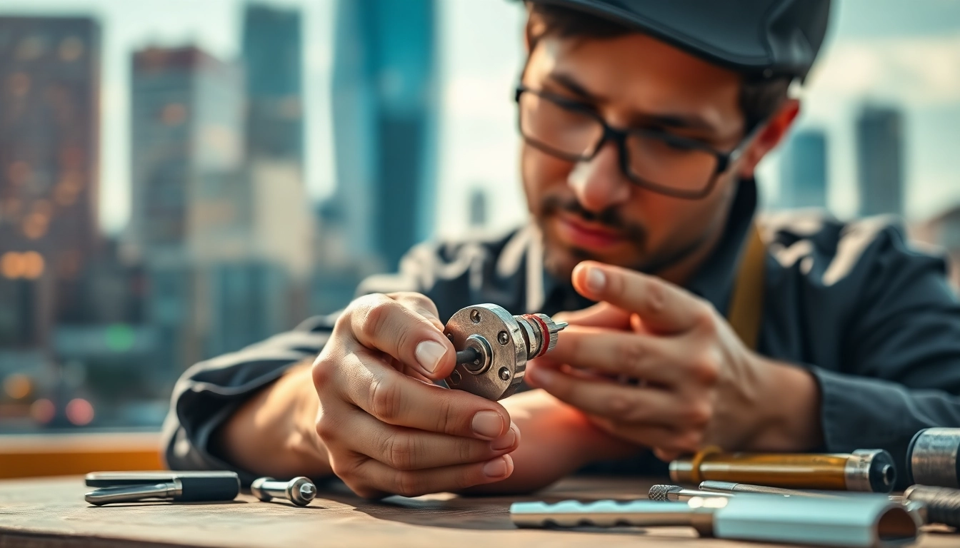 Locksmith expertly working on a detailed lock mechanism in a vibrant city setting.