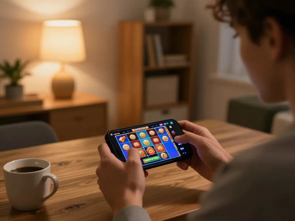 Engaging in the slot bonus new member 100 di awal to kecil promotion on a smartphone in a cozy home setting.