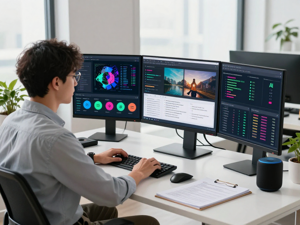 AI image detector analysis workspace with data scientist reviewing moderation tools and metrics.
