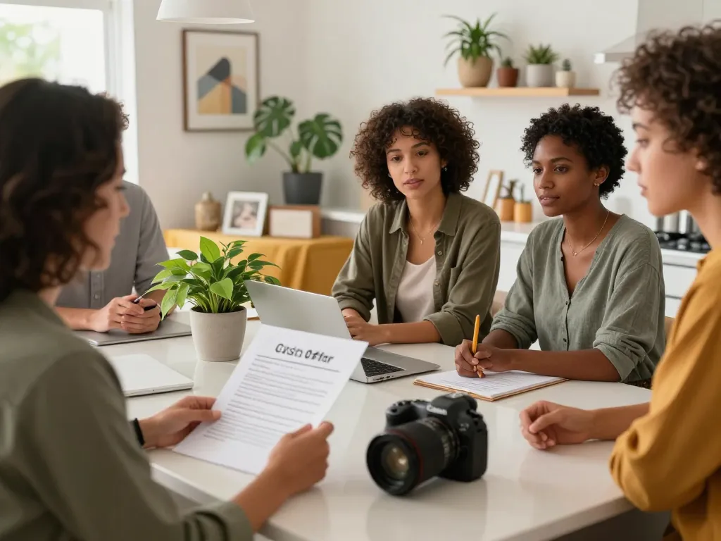 Homeowners discussing cash offers in a bright kitchen, we buy houses for cash.