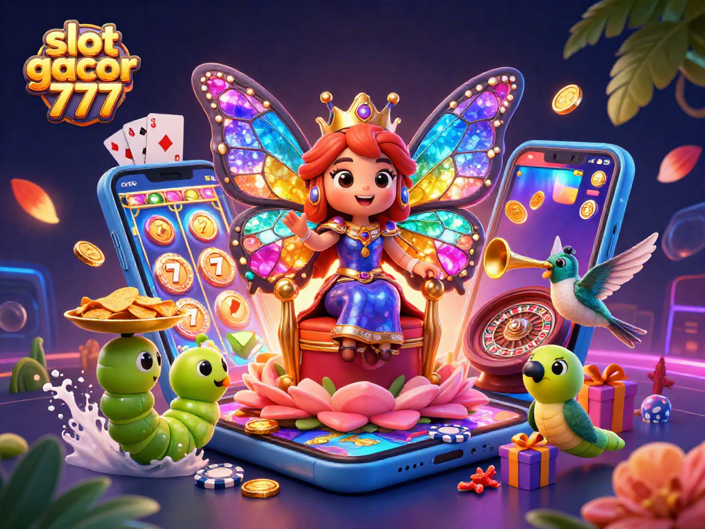 Engage with slot gacor 777 in a vibrant casino scene featuring a butterfly queen and dynamic gaming elements.
