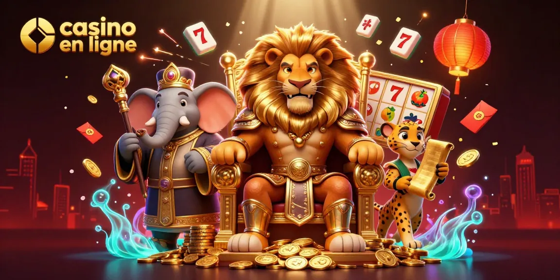 Découvrez le casino en ligne avec un lion majestueux qui veille sur les jeux d'argent, entouré de symboles chanceux.