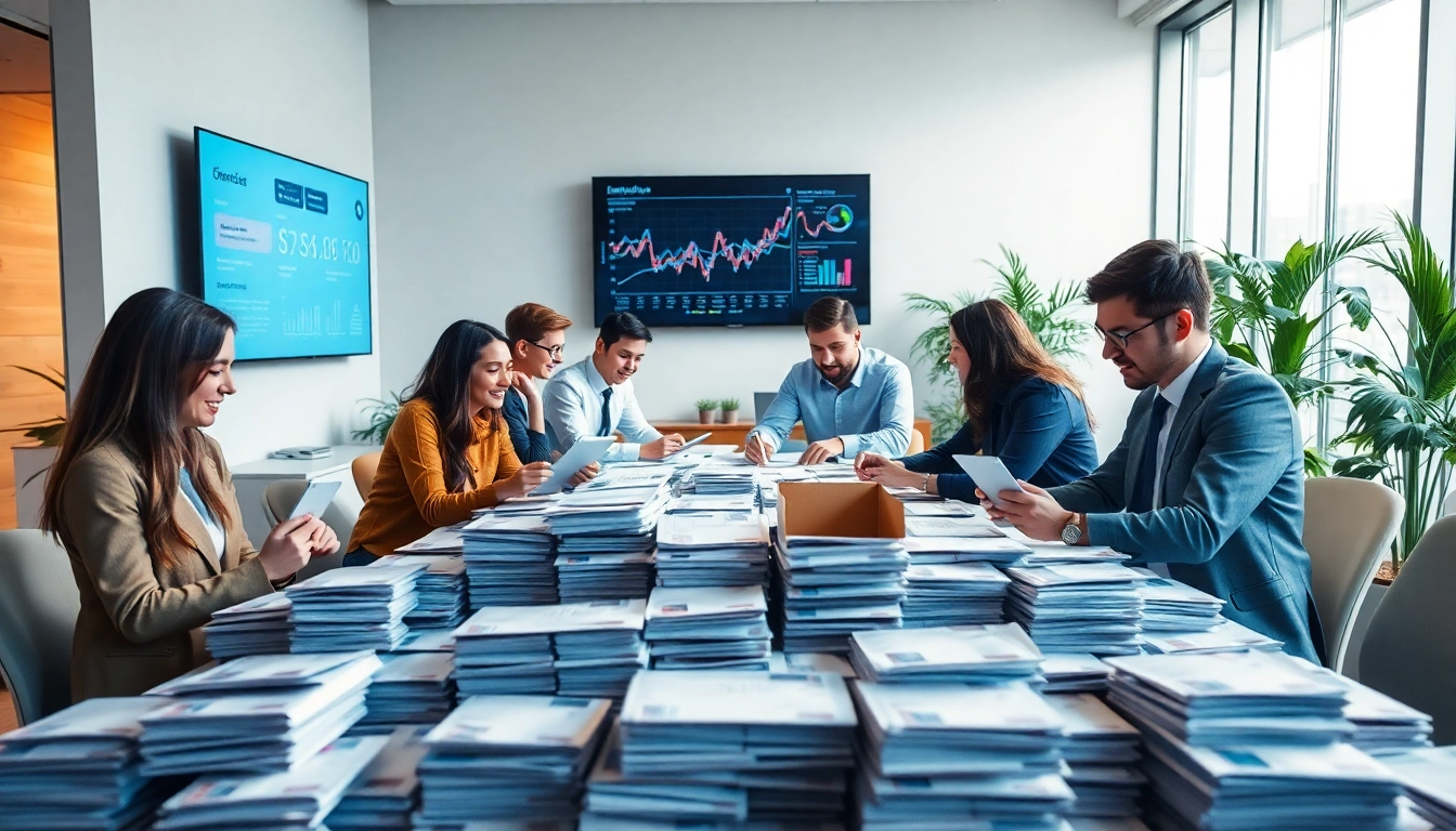 Efficient team at a direct mailing company preparing marketing materials in a bright modern office.
