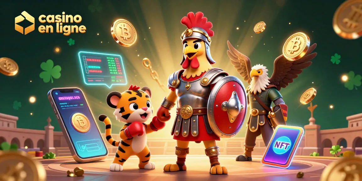 Découvrez le monde du casino en ligne avec un combat épique entre un coq gladiateur et un tigre, illustrant la chance et le divertissement.