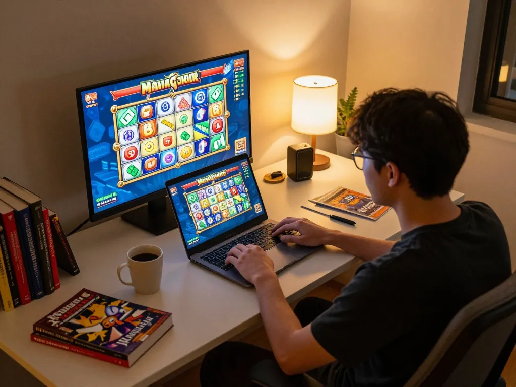 Pemain yang terlibat menikmati permainan slot demo di laptop dengan grafik yang hidup dan catatan strategi
